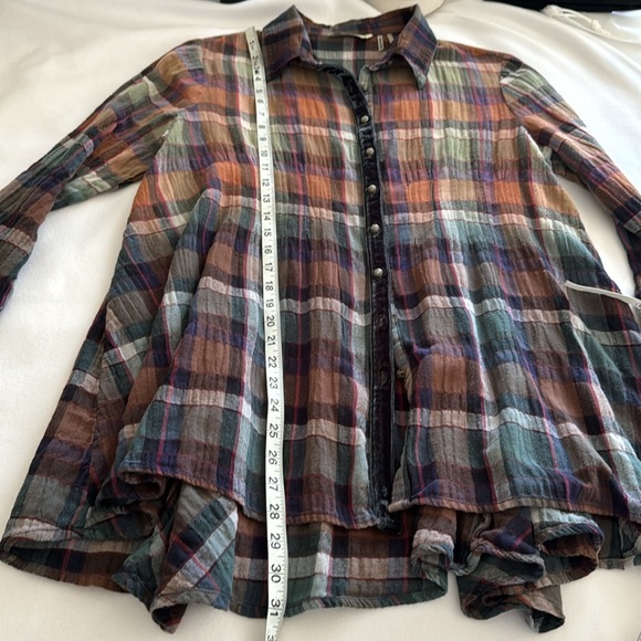 Soft Surroundings Top Women’s Blue Orange Ombre Plaid Flannel Velvet Trim. - Picture 7 of 10